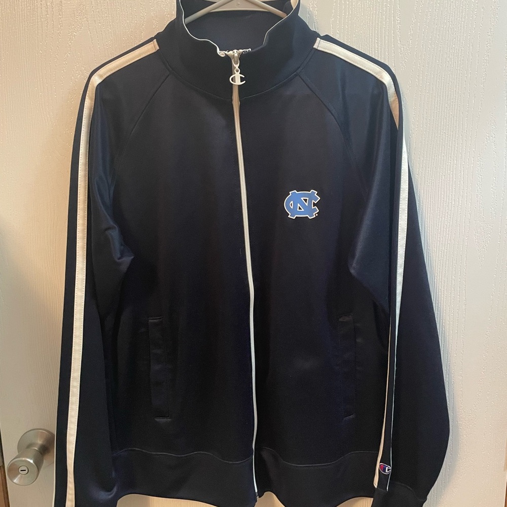 Champion UNC Tarheels Navy Varsity Jacket with White Stripe Sleeves SZ L NICE!!!